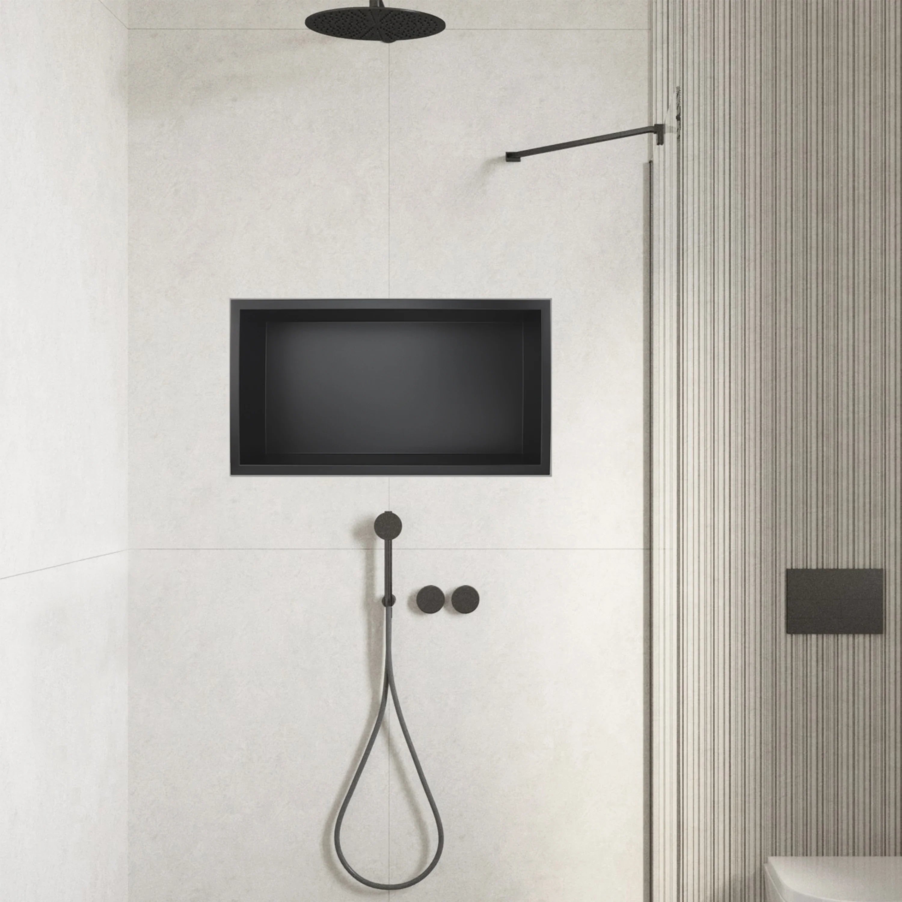Niche de douche en acier inoxydable 304 - 35,1 x 23,6 x 7,9 cm - Pas besoin de carrelage - Niche murale pour rangement de salle de bain - Noir mat, argent brossé, noir Niche de douche en acier inoxydable 304 - 35,1 x 23,6 x 7,9 cm - Pas besoin de carrelage - Niche murale pour rangement de salle de bain - Noir mat, argent brossé, noir
