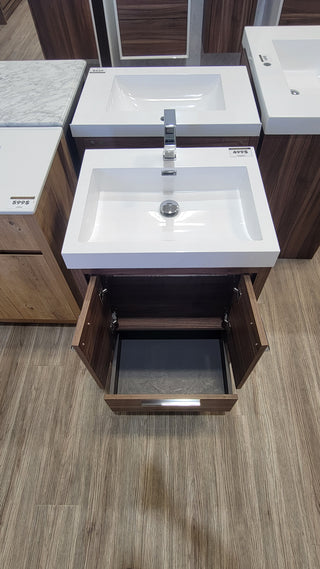 24" Walnut Freestanding Bathroom Vanity with White Polymarble Countertop
