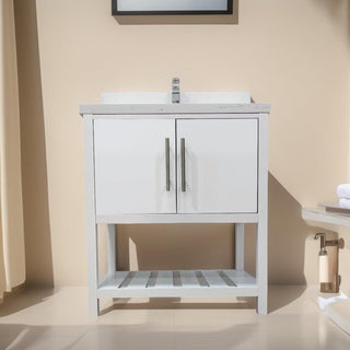 30" White Freestanding Single Sink Bathroom Vanity with Calcutta Quartz Countertop Fiory - Golden Elite Deco
