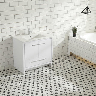 36" Glossy White Freestanding Bathroom Vanity with White Ceramic Countertop - Golden Elite Deco