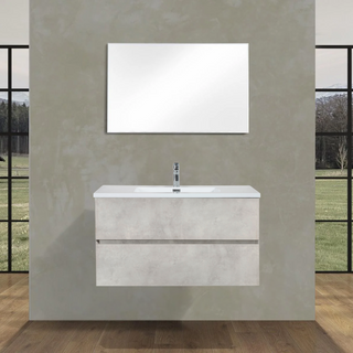 36" Grey Wall Mount Single Sink Bathroom Vanity with White Polymarble Countertop