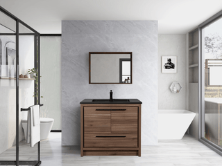 36" Walnut Freestanding Bathroom Vanity with Black Engineered Quartz Countertop - Golden Elite Deco