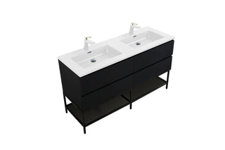 60" Black Wall Mount Bathroom Vanity with White Polymarble Countertop
