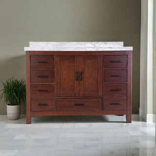 48" Aged Auburn Freestanding Single Sink Bathroom Vanity with Carrera Marble Countertop - Golden Elite Deco