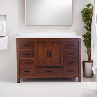 48" Aged Auburn Freestanding Single Sink Bathroom Vanity with White Quartz Countertop