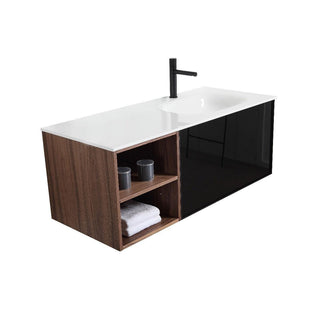 48" Walnut Wall Mount Single Sink Bathroom Vanity with White Solid surface Countertop - Golden Elite Deco