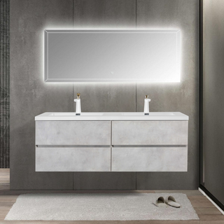 60" Grey Wall Mount Double Sink Bathroom Vanity with White Polymarble Countertop