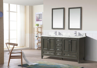 60" Grey Freestanding Double Sink Bathroom Vanity w/ Carrera Marble Countertop Amanda - Golden Elite Deco