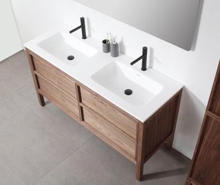60" Natural Walnut Freestanding Double Sink Bathroom Vanity with White Solid Surface Countertop Vista - Golden Elite Deco