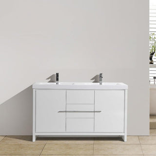 60" Glossy White Freestanding Double Sink Bathroom Vanity with White Polymarble Countertop - Golden Elite Deco