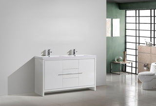 60" Glossy White Freestanding Double Sink Bathroom Vanity with White Polymarble Countertop - Golden Elite Deco