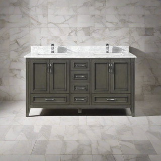60" Grey Freestanding Double Sink Bathroom Vanity with Carrera Marble Countertop Amanda