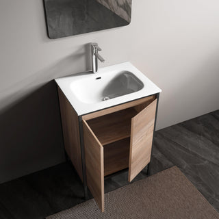 24" Rough Oak and Black Metal Frame Freestanding Single Sink Bathroom Vanity with White Ceramic Countertop - Golden Elite Deco