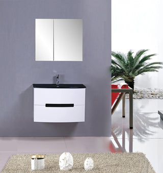 30" White Wall Mount Bathroom Vanity with Black Glass Countertop Tula - Golden Elite Deco