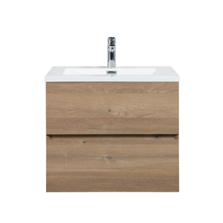 24" Rough Oak Wall Mount Single Sink Bathroom Vanity with White Polymarble Countertop