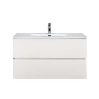 36" White Wall Mount Single Sink Bathroom Vanity with White Polymarble Countertop