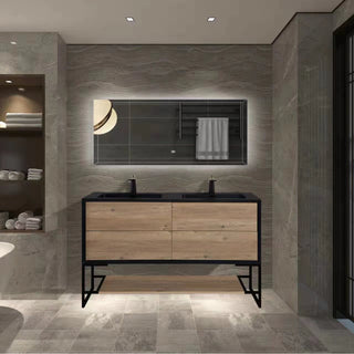 60" Black & Rough Oak Wall Mount Double Sink Bathroom Vanity with Black Engineered Quartz Countertop