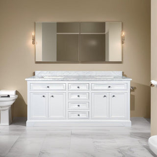 72" White Freestanding Double Sink Bathroom Vanity with Carrera Marble Countertop - Golden Elite Deco