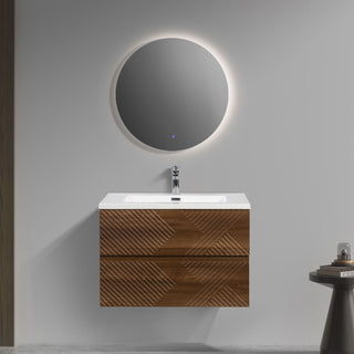 30" Walnut Wall Mount Single Sink Bathroom Vanity with White Polymarble Countertop
