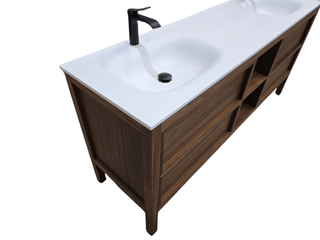 72" Natural Walnut Freestanding Double Sink Bathroom Vanity with White Solid Surface Countertop Vista - Golden Elite Deco