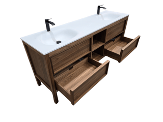 72" Natural Walnut Freestanding Double Sink Bathroom Vanity with White Solid Surface Countertop Vista - Golden Elite Deco
