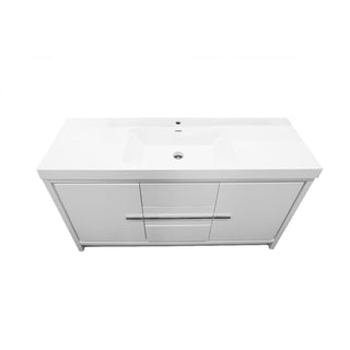 60" Glossy White Freestanding Single Sink Bathroom Vanity with White Polymarble Countertop - Golden Elite Deco