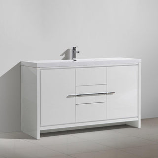 60" Glossy White Freestanding Single Sink Bathroom Vanity with White Polymarble Countertop - Golden Elite Deco