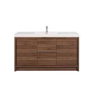 60" Walnut Freestanding Single Sink Bathroom Vanity with White Polymarble Countertop - Golden Elite Deco