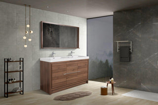 60" Walnut Freestanding Double Sink Bathroom Vanity with White Polymarble Countertop - Golden Elite Deco