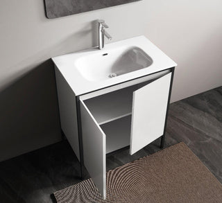 30" White & Black Frame Freestanding Single Sink Bathroom Vanity with White Ceramic Countertop - Golden Elite Deco