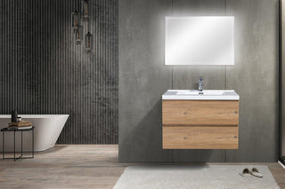 30" Rough Oak Wall Mount Bathroom Vanity with White Polymarble Countertop - Golden Elite Deco