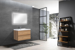 30" Rough Oak Wall Mount Bathroom Vanity with White Polymarble Countertop - Golden Elite Deco