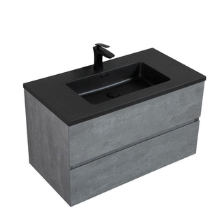 36" Charcoal Wall Mount Single Sink Bathroom Vanity with Black Engineered Quartz Countertop - Golden Elite Deco