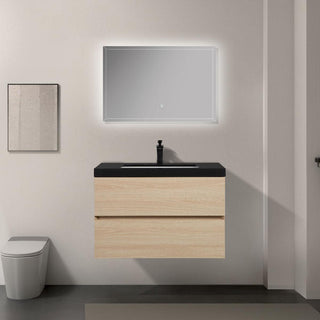 32" Wheat Wall Mount Single Sink Bathroom Vanity with Black Polymarble Countertop - Golden Elite Deco