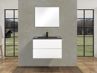 30" White Wall Mount Bathroom Vanity with Black Engineered Quartz Countertop - Golden Elite Deco