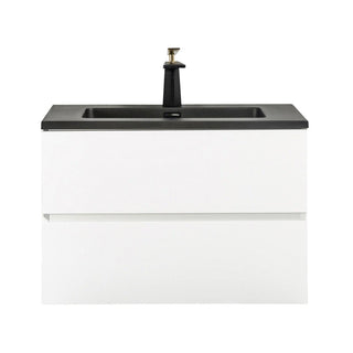 30" White Wall Mount Bathroom Vanity with Black Engineered Quartz Countertop - Golden Elite Deco