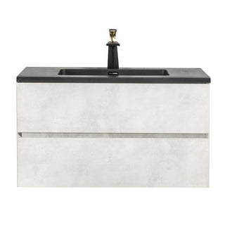 36" Grey Wall Mount Bathroom Vanity with Black Engineered Quartz Countertop - Golden Elite Deco