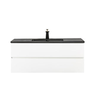 48" White Wall Mount Single Sink Bathroom Vanity with Black Engineered Quartz Countertop - Golden Elite Deco