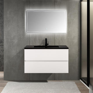36" White Wall Mount Bathroom Vanity with Black Engineered Quartz Countertop - Golden Elite Deco