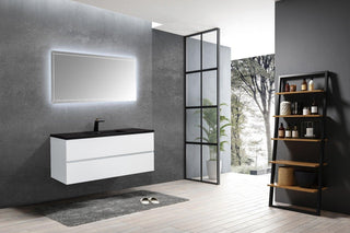 48" White Wall Mount Single Sink Bathroom Vanity with Black Engineered Quartz Countertop - Golden Elite Deco