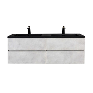 60" Grey Wall Mount Double Sink Bathroom Vanity with Black Engineered Quartz Countertop - Golden Elite Deco