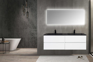 60" White Wall Mount Double Sink Bathroom Vanity with Black Engineered Quartz Countertop - Golden Elite Deco