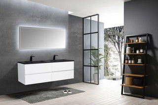 60" White Wall Mount Double Sink Bathroom Vanity with Black Engineered Quartz Countertop - Golden Elite Deco