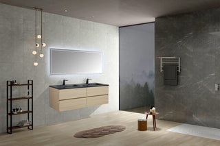 60" Wheat Wall Mount Double Sink Bathroom Vanity with Black Engineered Quartz Countertop - Golden Elite Deco