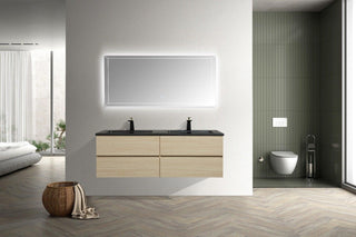 60" Wheat Wall Mount Double Sink Bathroom Vanity with Black Engineered Quartz Countertop - Golden Elite Deco
