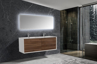60" Walnut Wall Mount Double Sink Bathroom Vanity with White Polymarble Countertop Fleur - Golden Elite Deco
