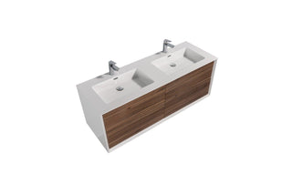 60" Walnut Wall Mount Double Sink Bathroom Vanity with White Polymarble Countertop Fleur - Golden Elite Deco