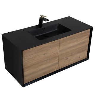 48" Black & Rough Oak Wall Mount Single Sink Bathroom Vanity with Black Engineered Quartz Countertop - Golden Elite Deco
