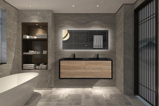 60" Black & Rough Oak Wall Mount Double Sink Bathroom Vanity with Black Engineered Quartz Countertop - Golden Elite Deco