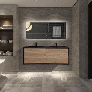 60" Black & Rough Oak Wall Mount Double Sink Bathroom Vanity with Black Engineered Quartz Countertop - Golden Elite Deco